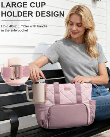 Bagstellar Puffer Lunch Tote elastic side pocket fits up to 40oz bottles.