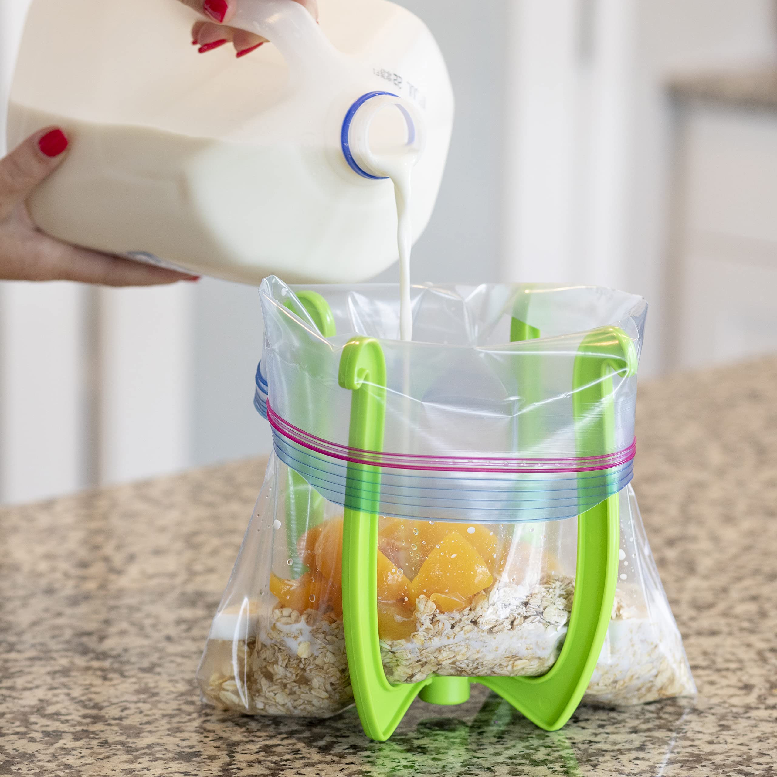 Bagwell Bag Holder shown in top view supporting wide bag openings.