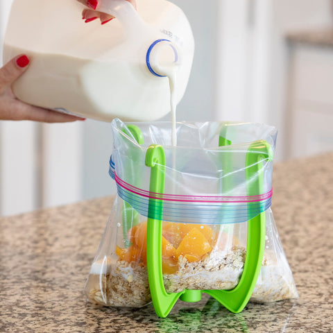 Bagwell Bag Holder shown in top view supporting wide bag openings.