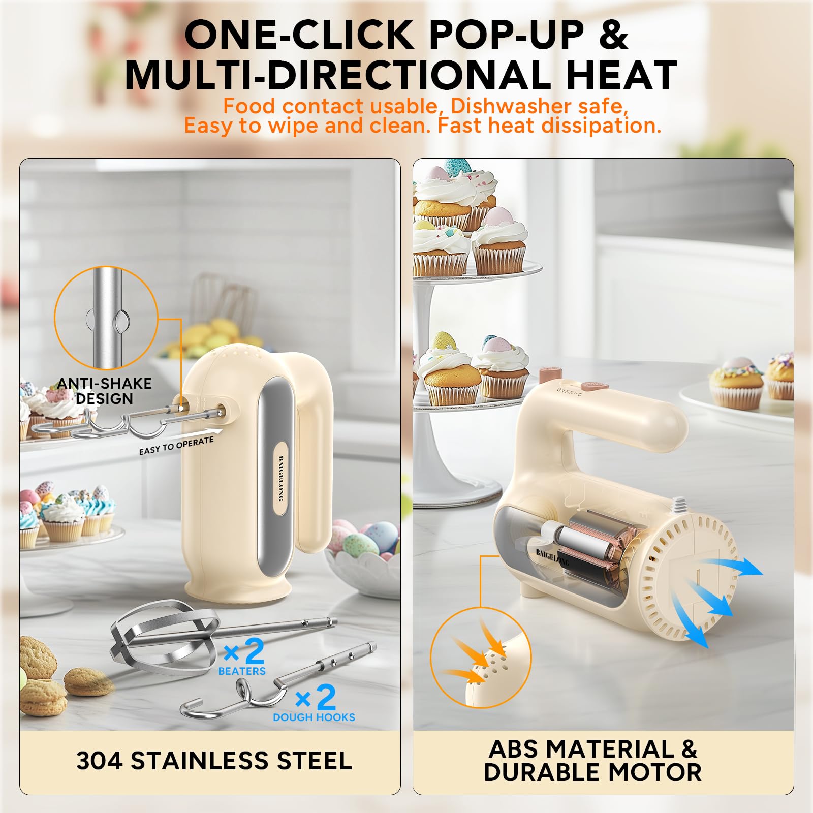 BAIGELONG hand mixer anti-splash design keeps counters clean.