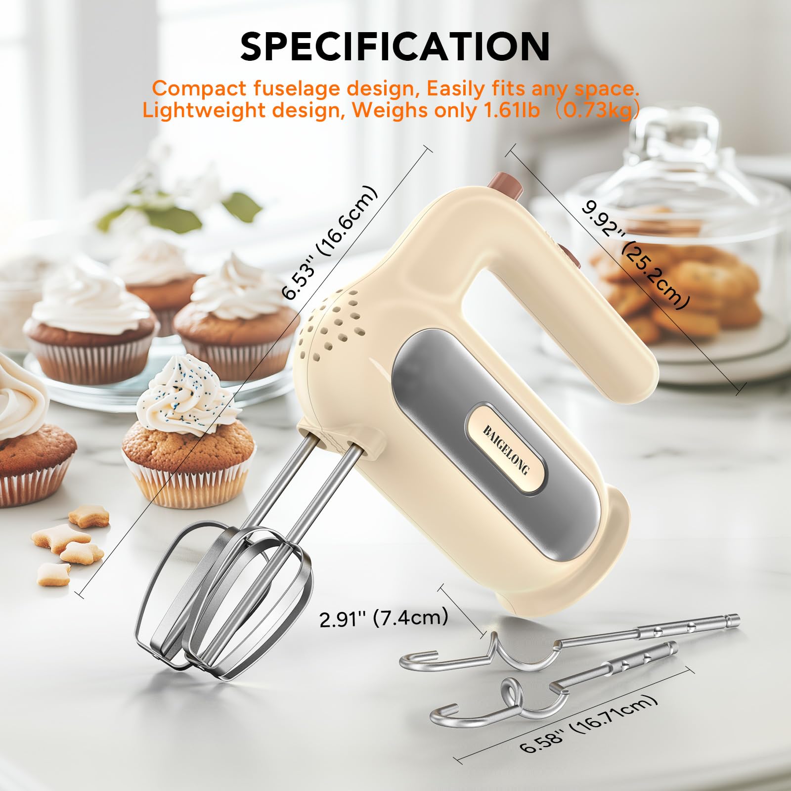 BAIGELONG hand mixer includes dough hooks and beaters for baking prep.