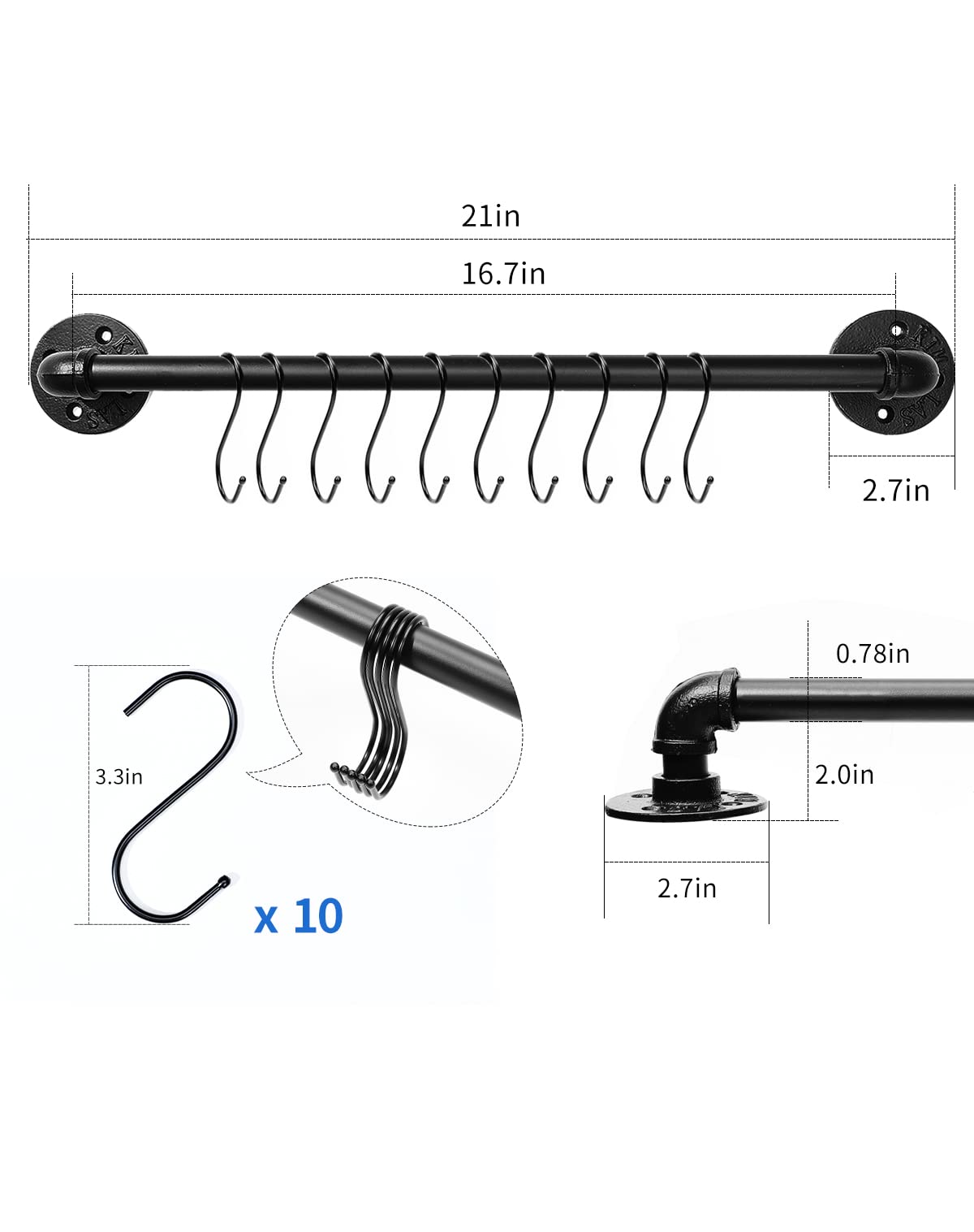 Bailoo pot hanger rail with 14 hooks for lids, utensils, and cookware.