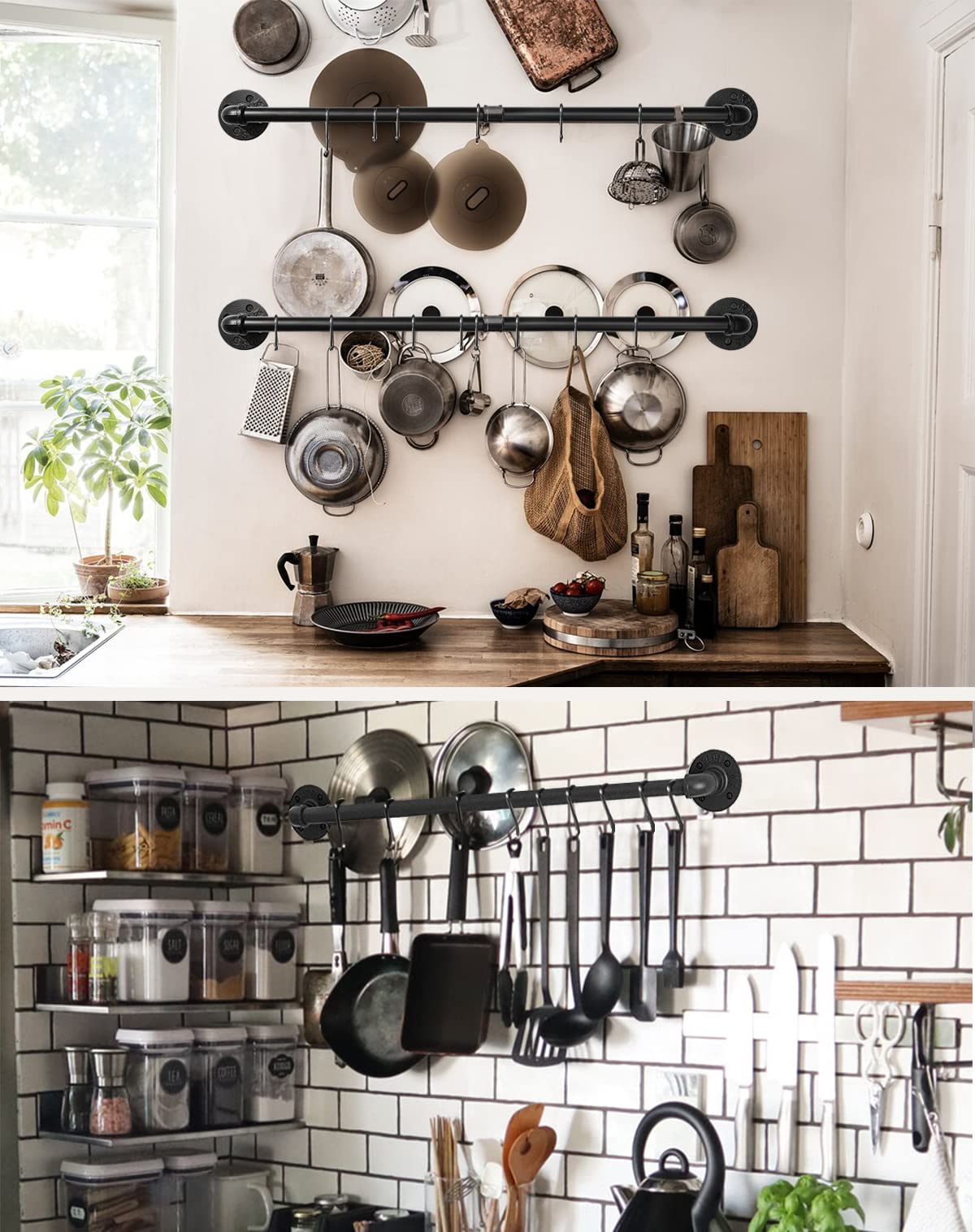 Bailoo two-pack pipe rack kit provides flexible wall storage for cookware.