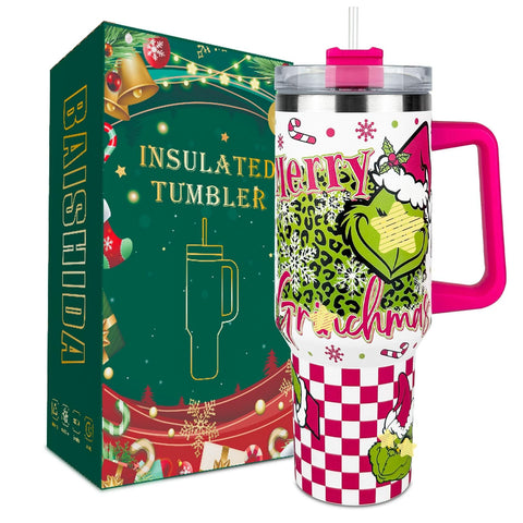 BAISHIDA 40oz Christmas Grinchi tumbler, full view, festive design and durability