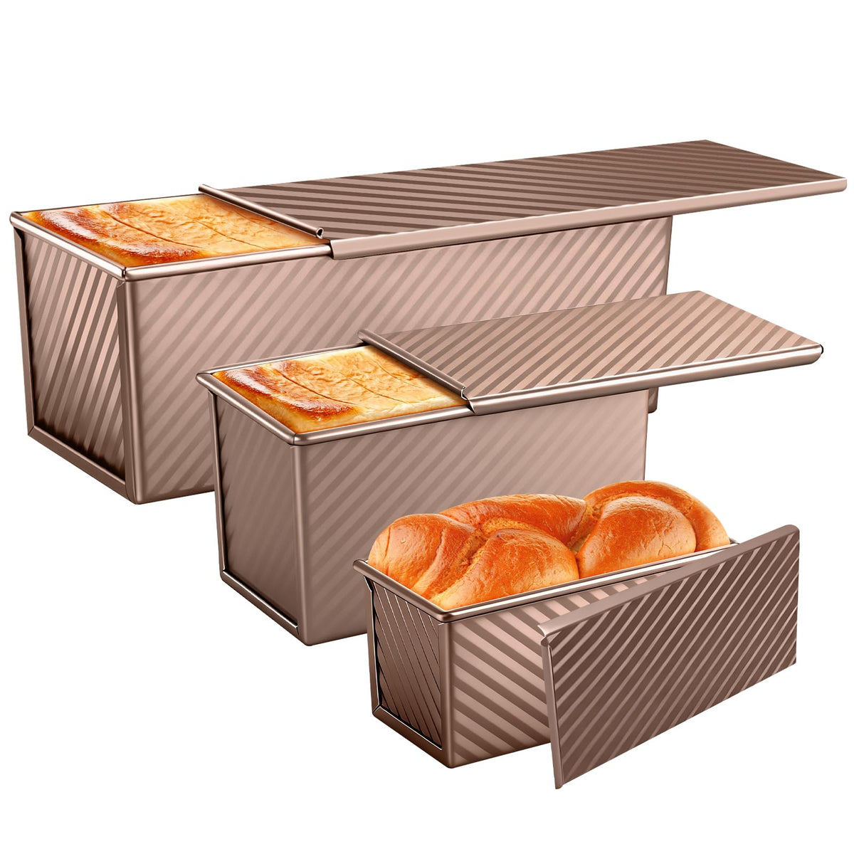 Baishun Pullman loaf pan three-size set with lids for versatile home baking.