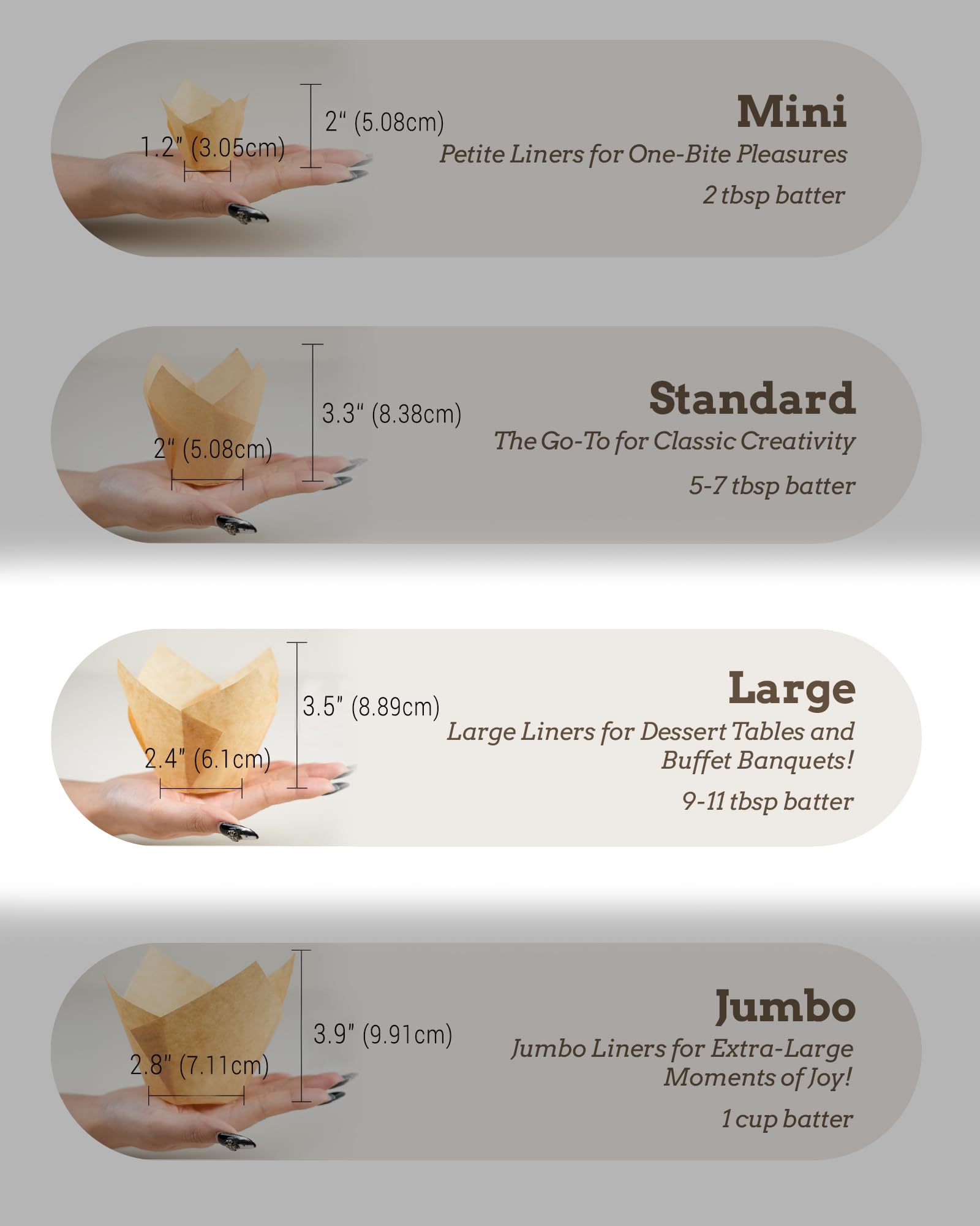 Bake Choice extra-large tulip liners fit oversized muffins for premium baking results.