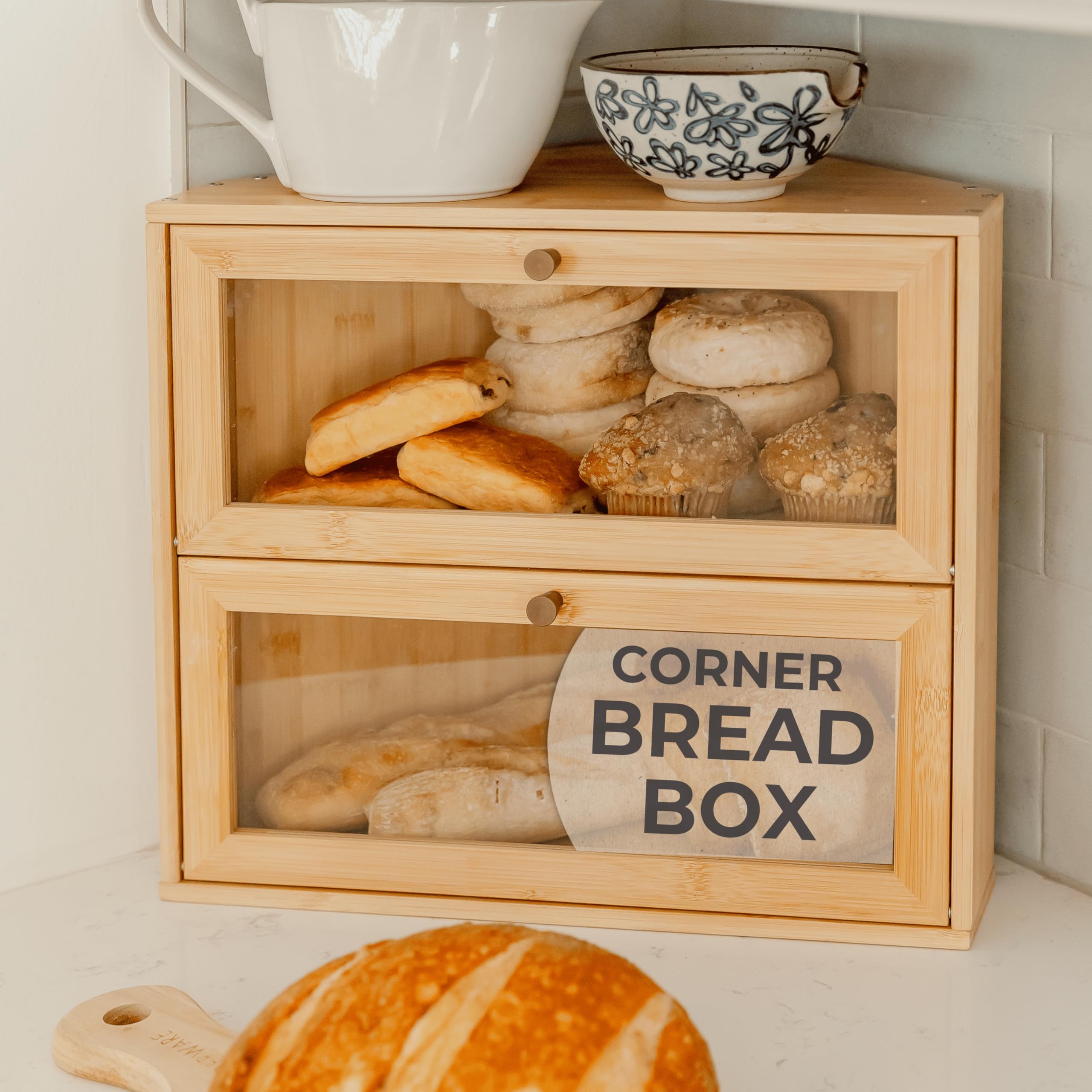 BakedBin Corner Bread Box demonstrates compact corner design saving counter space.
