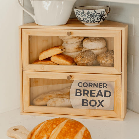 BakedBin Corner Bread Box demonstrates compact corner design saving counter space.