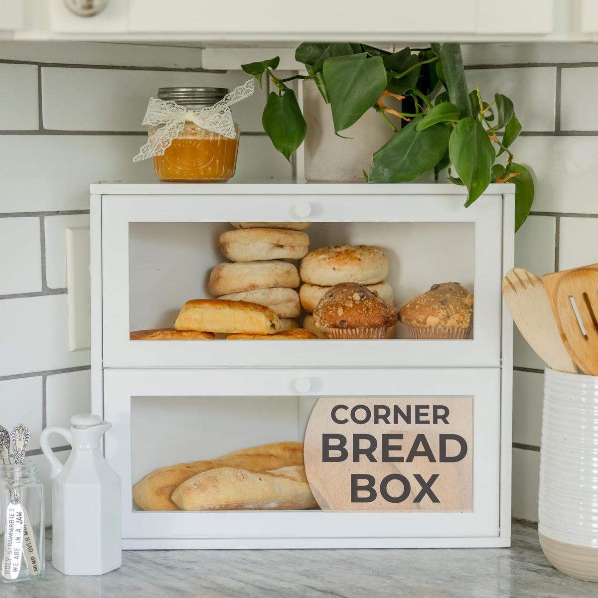 BakedBin Corner Bread Box front view showing space-saving counter storage
