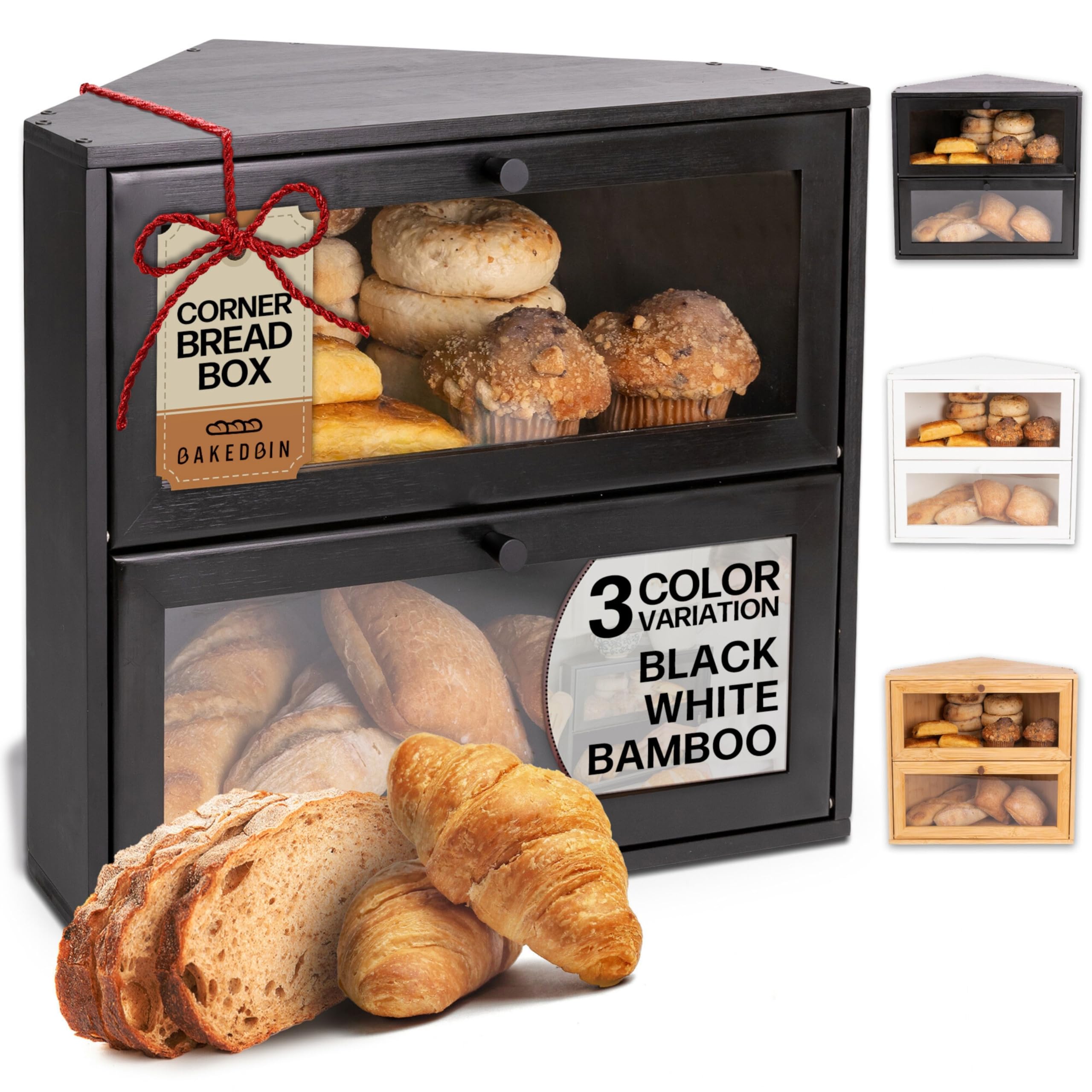BakedBin corner bread box on countertop keeps loaves organized and within easy reach
