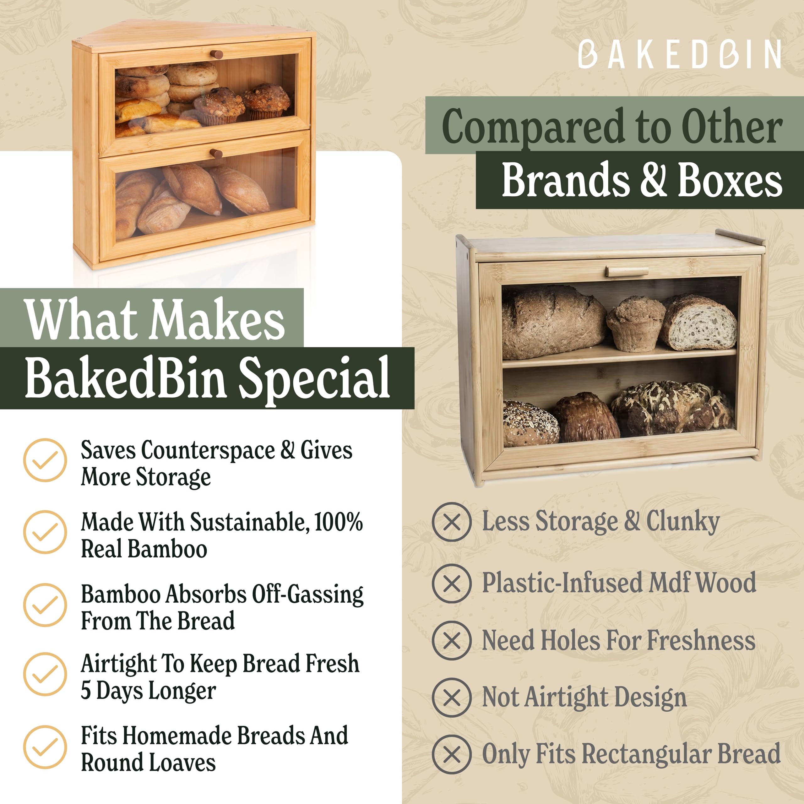 BakedBin real bamboo wood construction preserves freshness with natural materials.