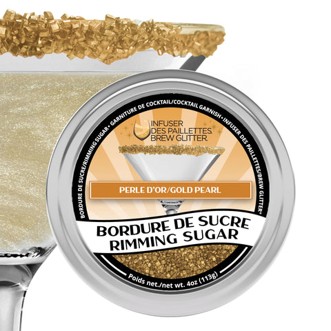 Bakell Brew Glitter gold rimming sugar tin, front view, adds shimmer to cocktails.