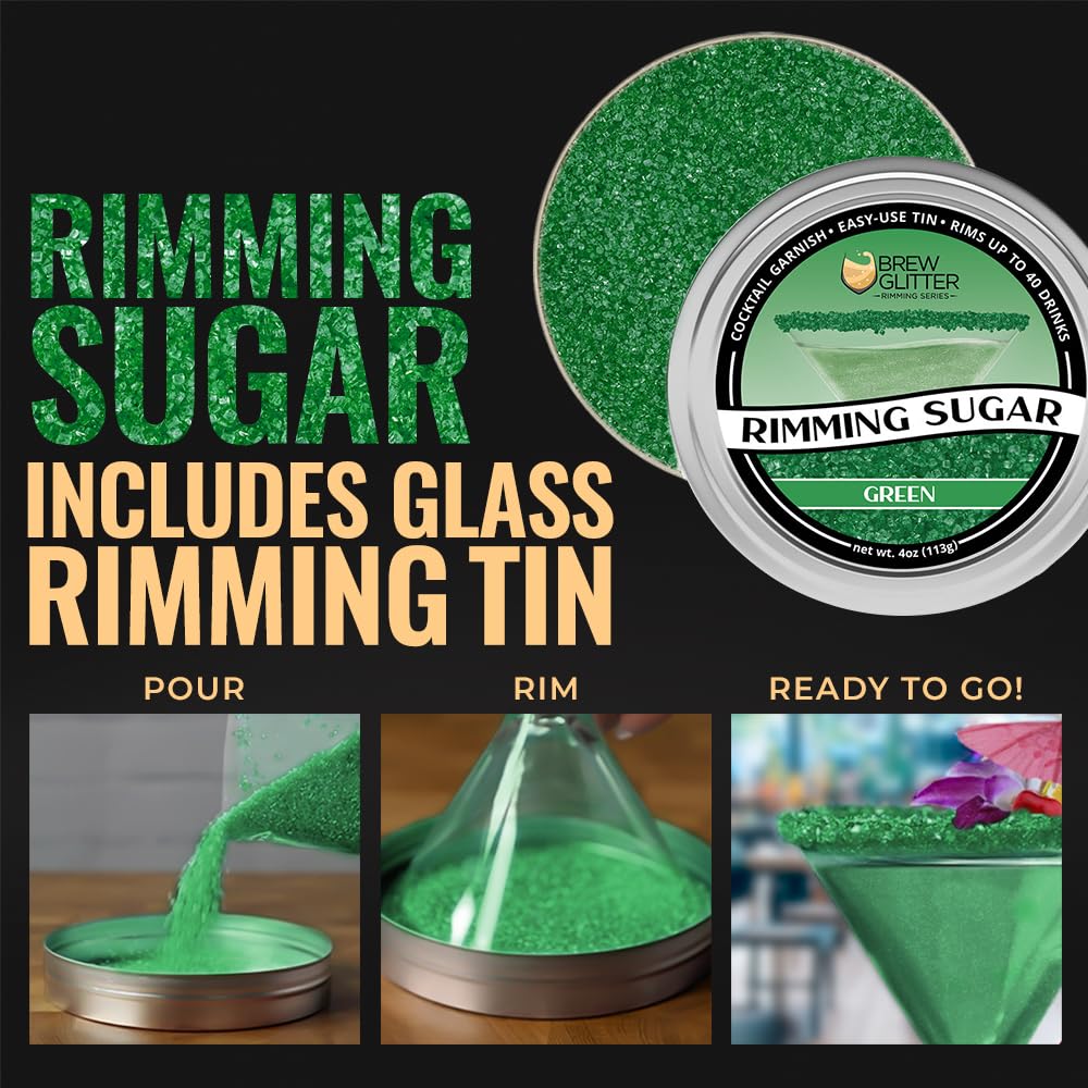 Bakell Brew Glitter Green Rimming Sugar cocktail rim setup enhances presentation.