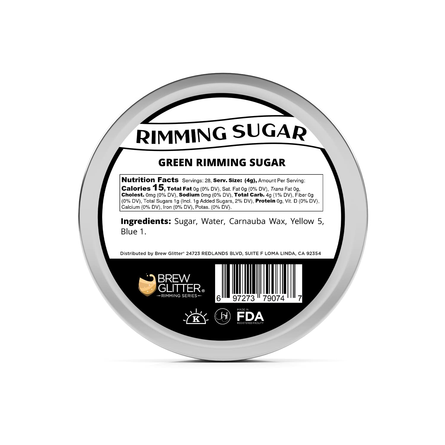 Bakell Brew Glitter Green Rimming Sugar packaging and tin emphasize premium garnish.