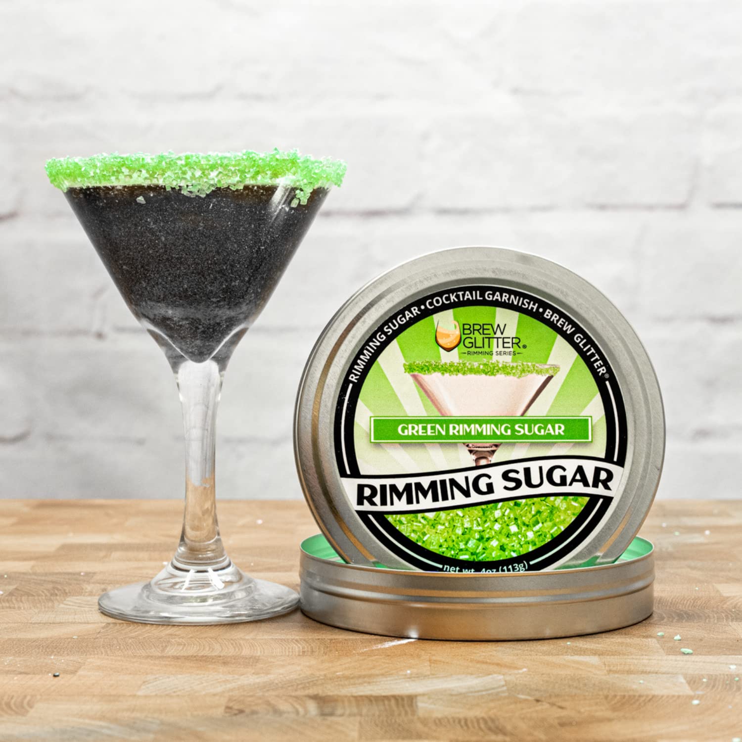 Bakell Brew Glitter Green Rimming Sugar tin front highlights protective packaging.