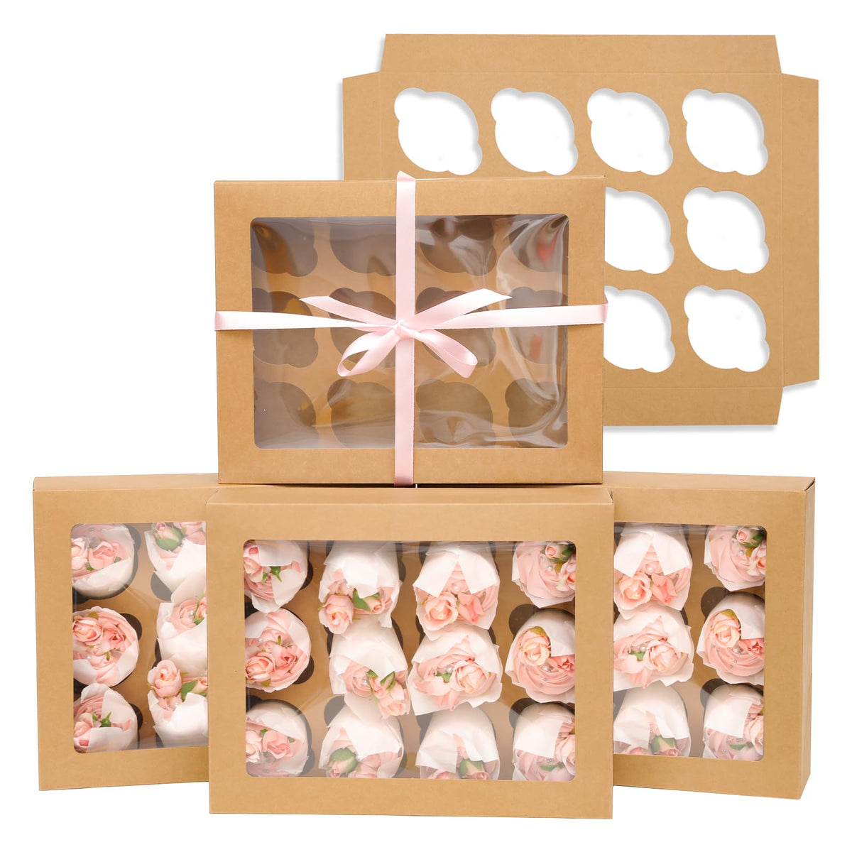 Bakepacker auto-pop up 12 cupcake box with window, durable kraft for safe transport