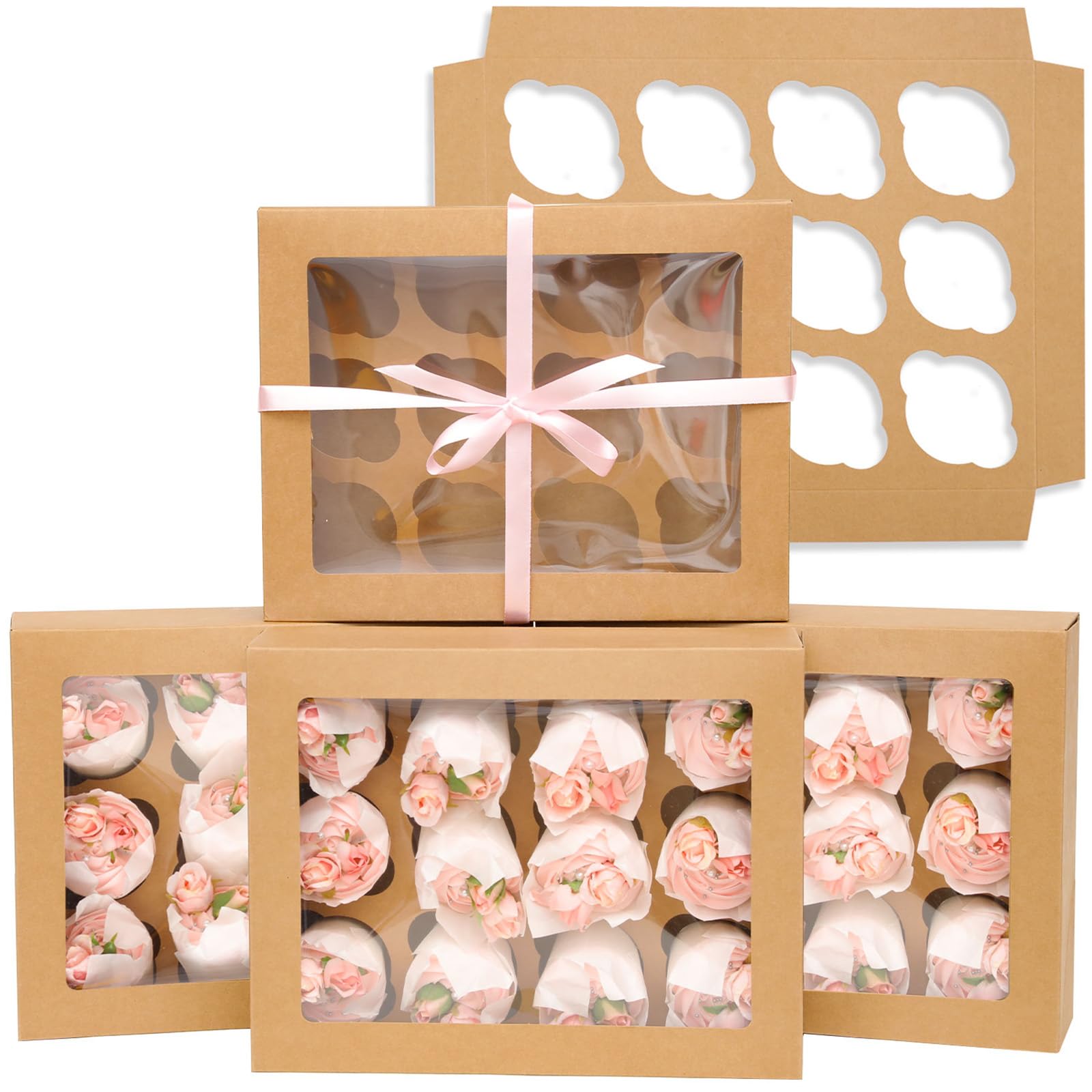 Bakepacker brown 12-cupcake box with window showcasing cupcakes clearly