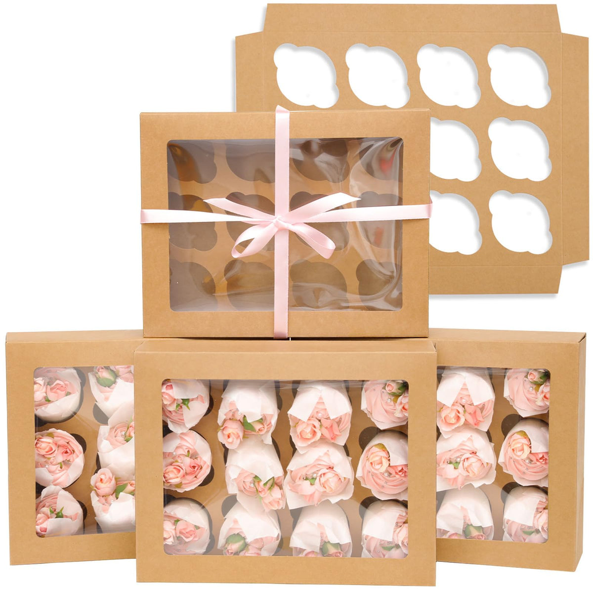 Bakepacker brown 12-cupcake box with window showcasing cupcakes clearly