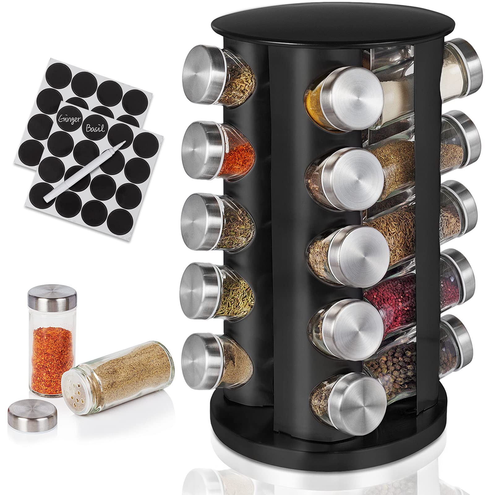 Baker Boutique spice rack on countertop with 360° rotation for quick spice access.