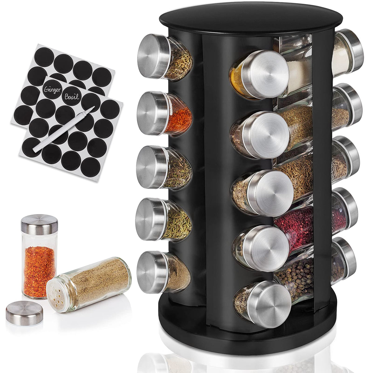 Baker Boutique spice rack on countertop with 360° rotation for quick spice access.