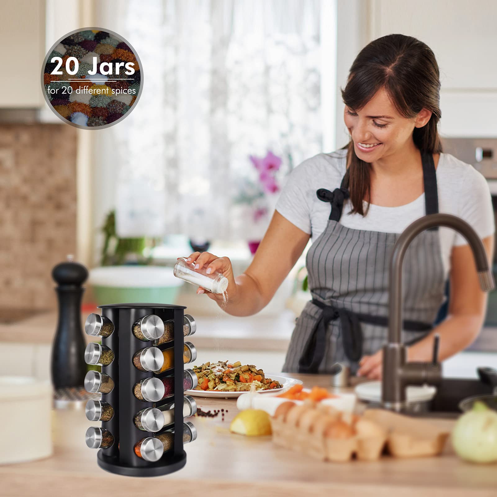 Baker Boutique revolving spice rack close-up showing durable stainless steel construction.