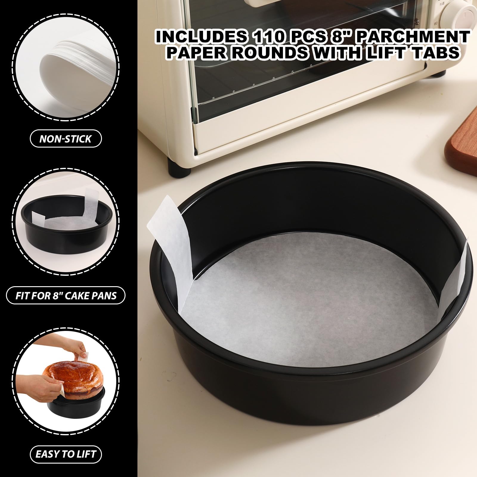 BakerChef 110-piece parchment paper included for mess-free lining.