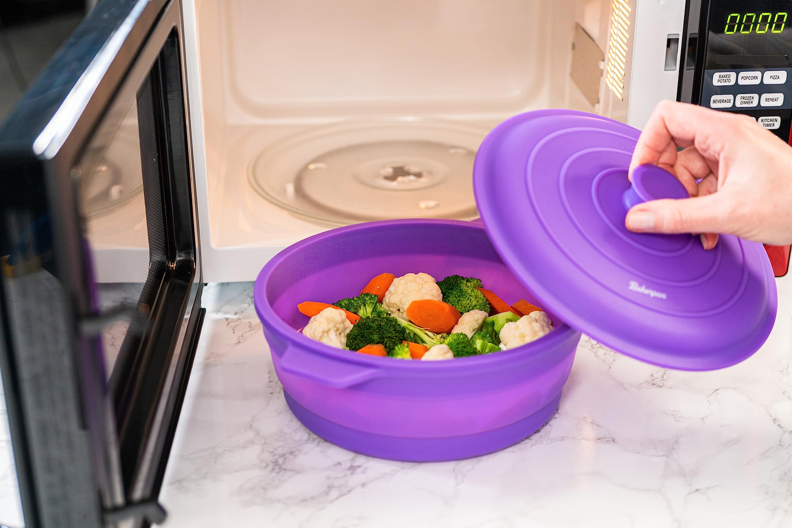 Bakerpan dishwasher-safe silicone steamer for easy cleanup.