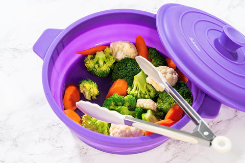 Bakerpan steamer compatible with microwave and air fryer for versatile cooking.