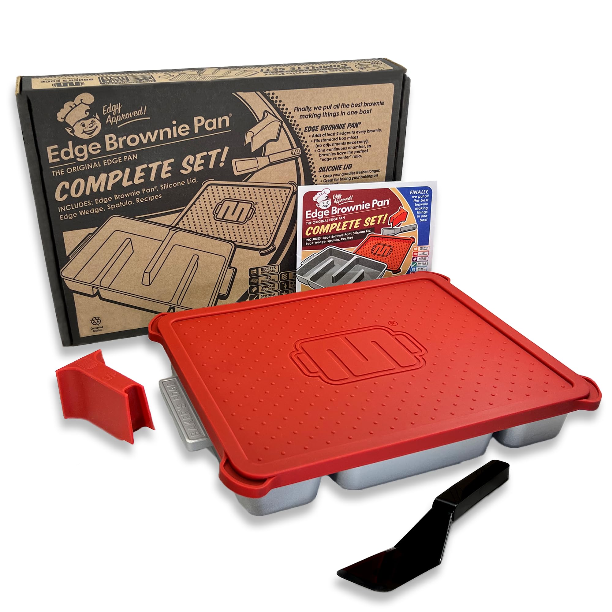 Baker's Edge brownie pan complete set with lid, wedge, and spatula highlighting all included items for comprehensive baking.