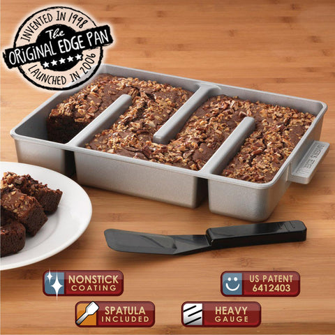 Baker's Edge nylon spatula included for easy release and serving.