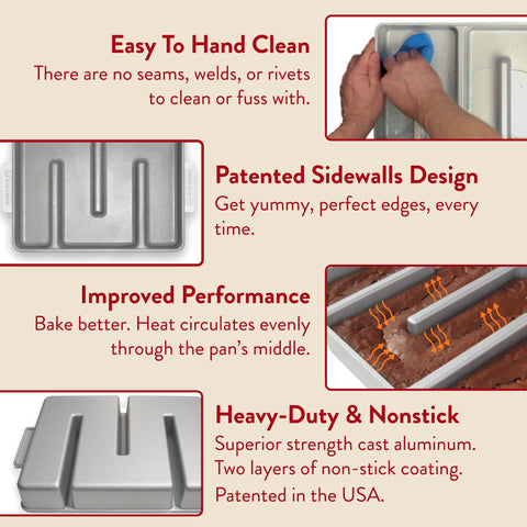 Baker's Edge pan safely in the oven, built for up to 500°F and broiling when needed.