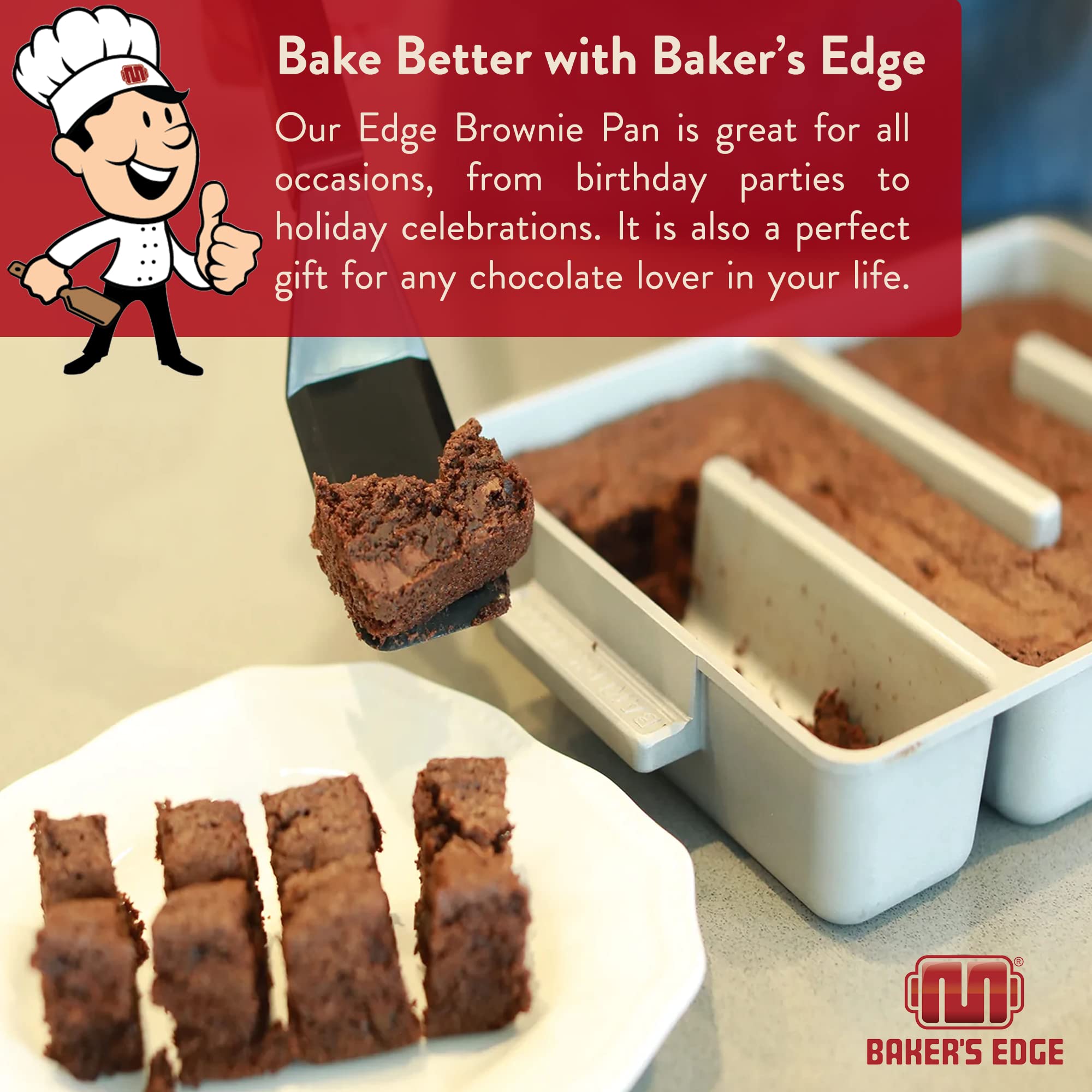 Baker's Edge pan in use with batch of brownies for consistent bake