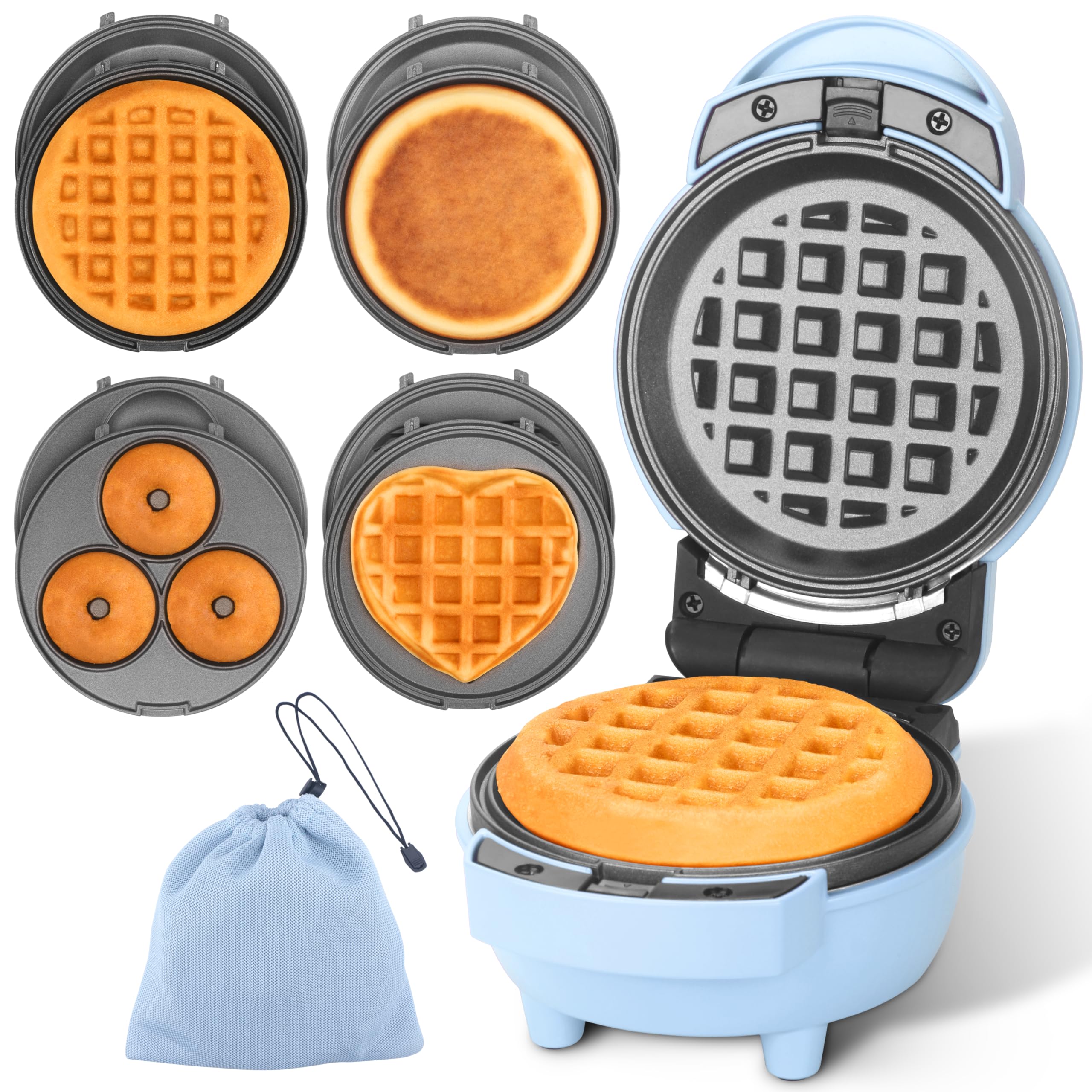 Baker's Friend 4-in-1 Mini Waffle Maker in blue for quick single-serve waffles.