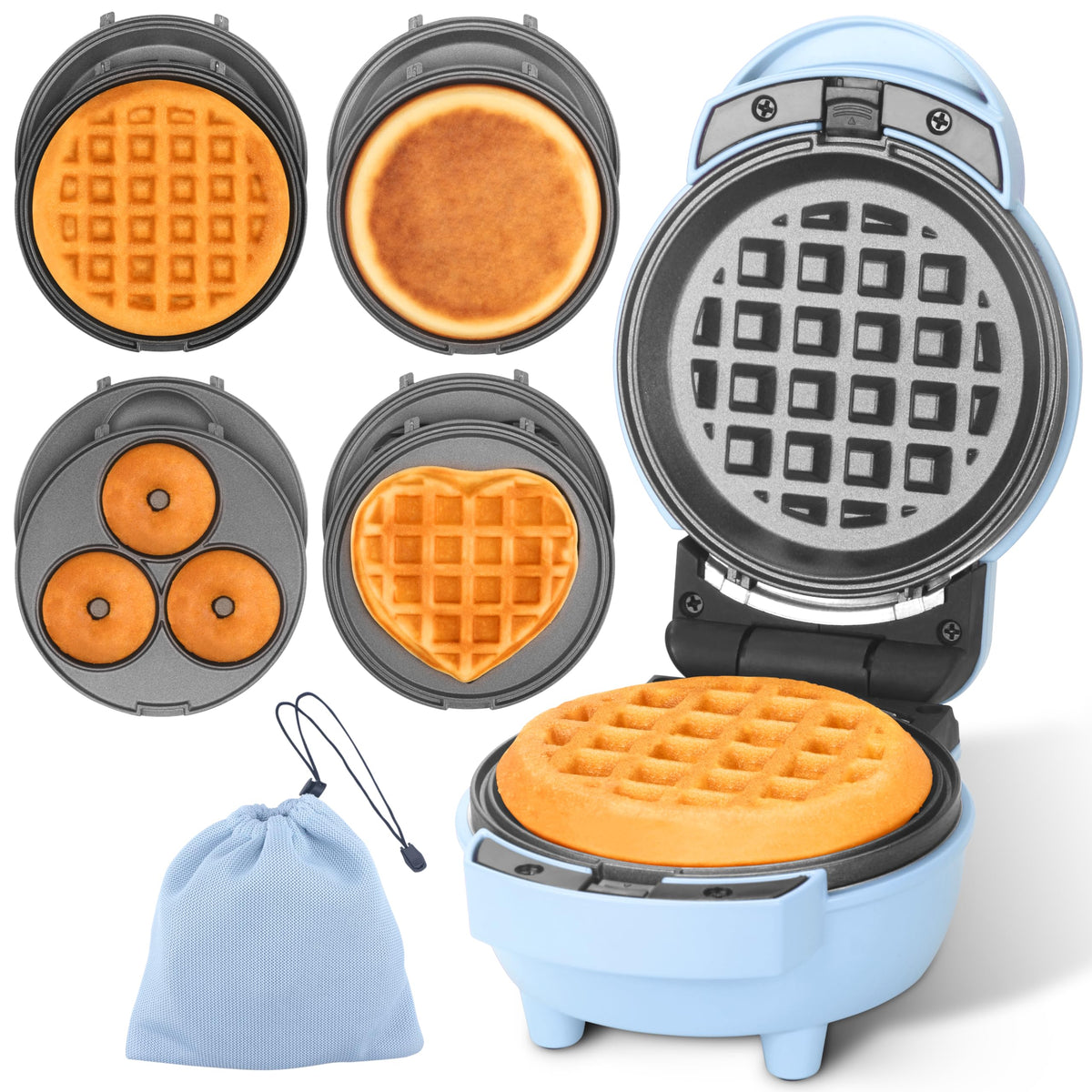 Baker's Friend 4-in-1 Mini Waffle Maker in blue for quick single-serve waffles.