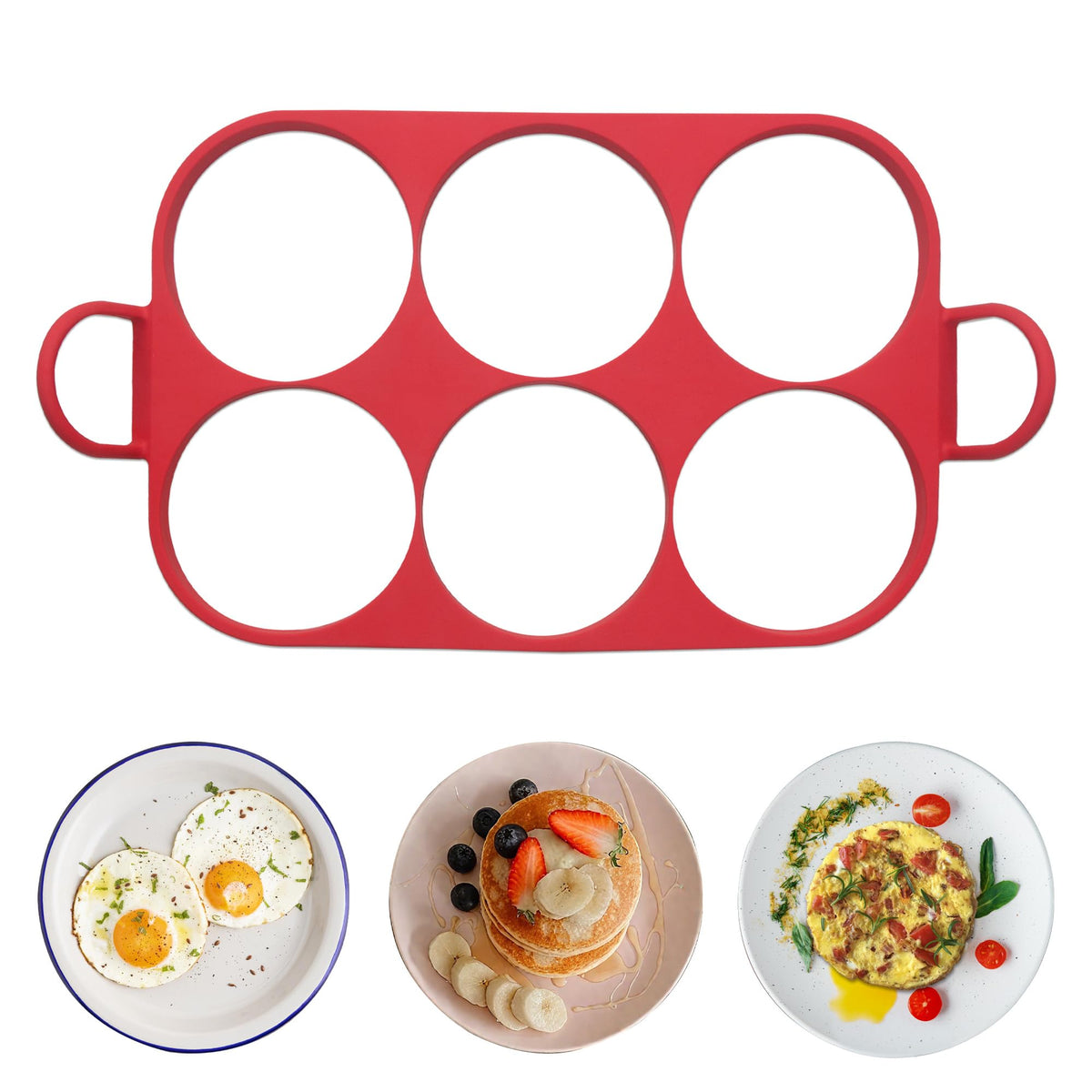 Baker's Friend 6-round silicone egg rings on a pan for nonstick, perfectly formed eggs.