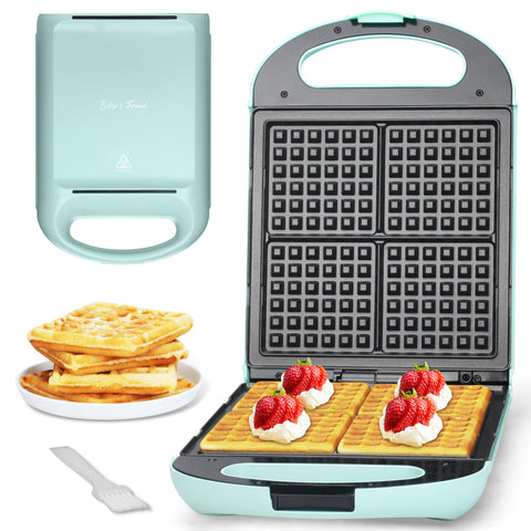 Baker's Friend Belgian waffle maker in aqua, front view shows compact family-size design.