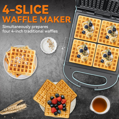 Baker's Friend Belgian waffle maker aqua with lid open, ready to pour batter for even baking.