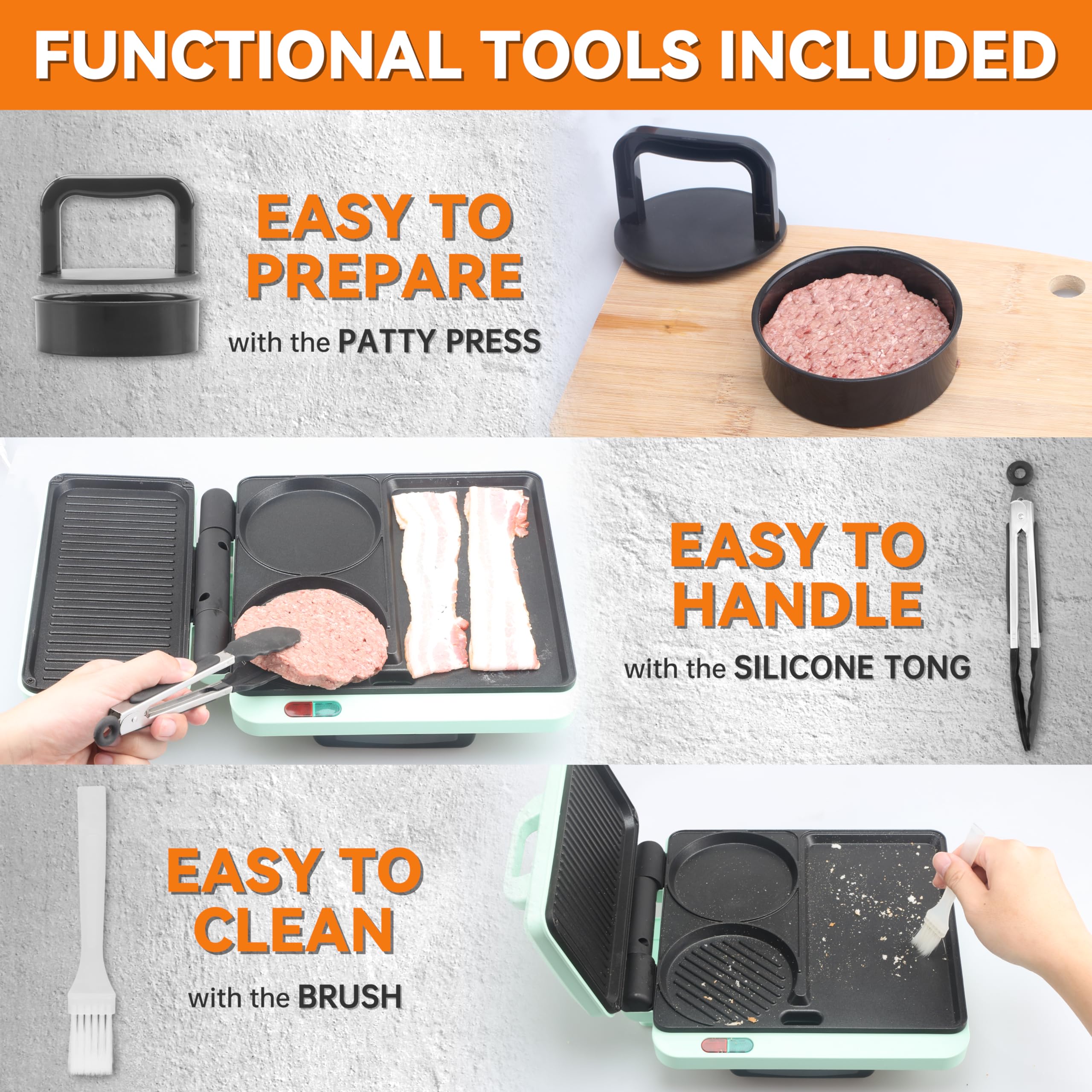 Baker's Friend breakfast station burger press shapes patties for consistent burgers.
