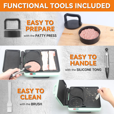 Baker's Friend breakfast station burger press shapes patties for consistent burgers.