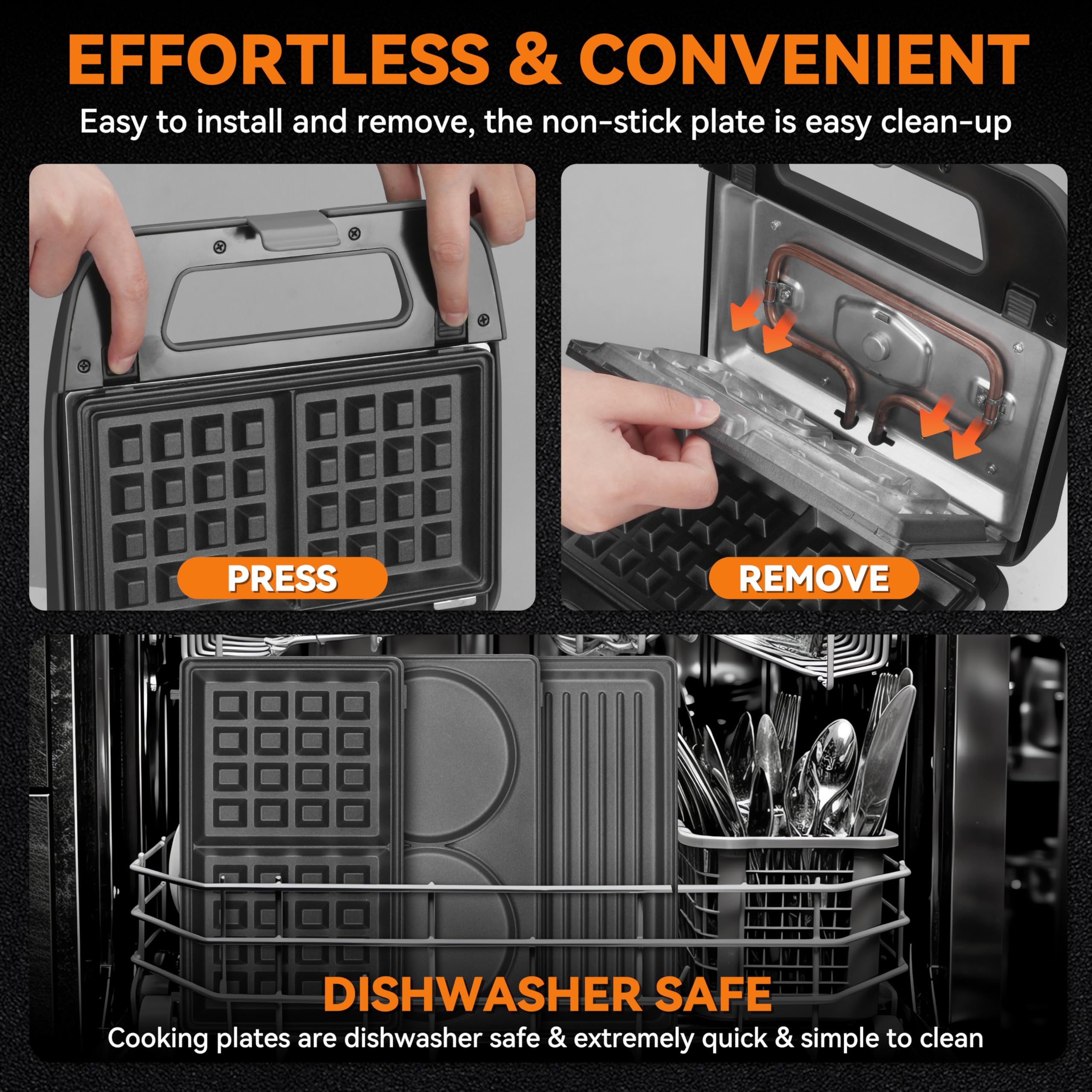 Baker's Friend cool-touch handle and dishwasher-safe plates for safe cleaning.