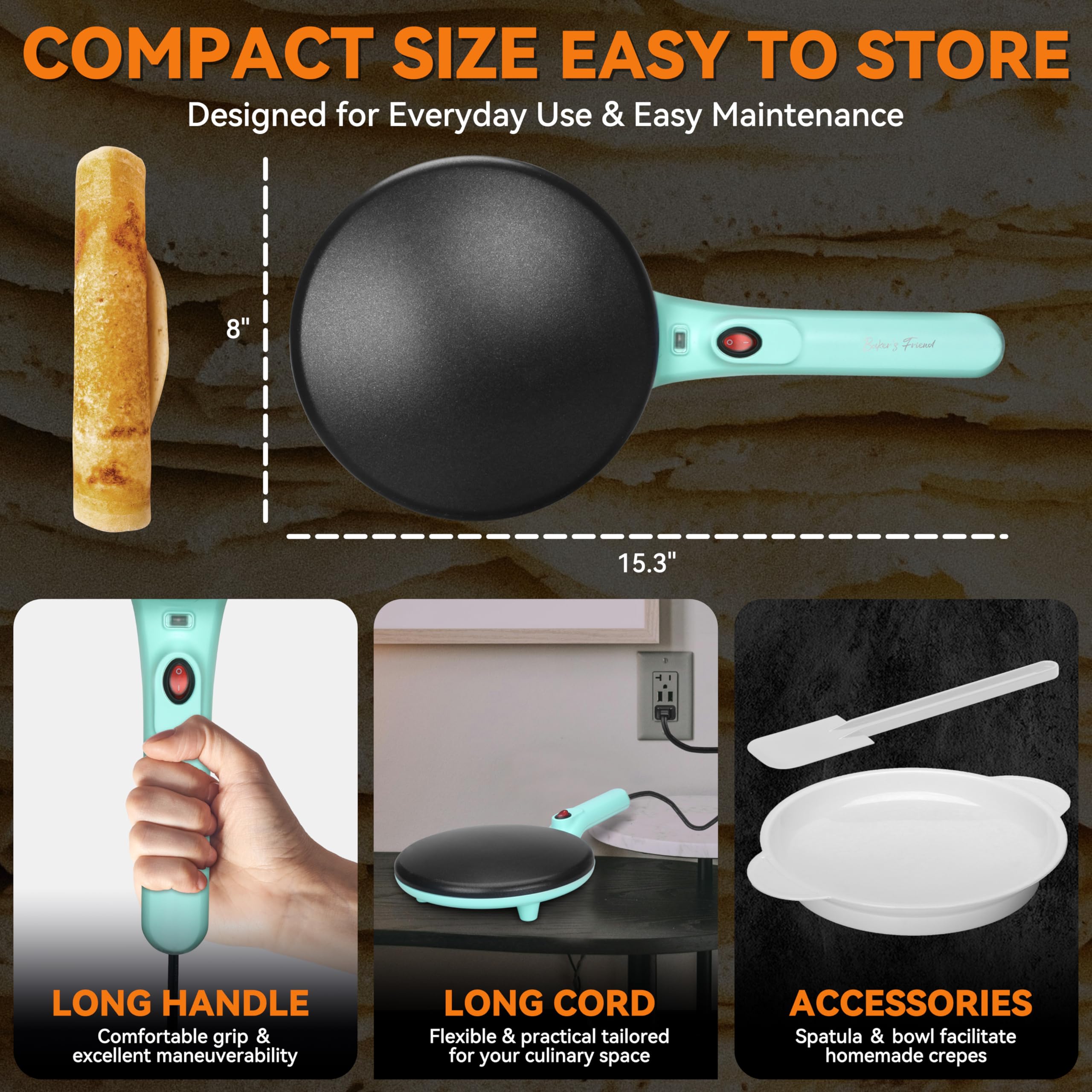 Baker's Friend crepe maker easy-clean design simplifies cleanup after cooking.