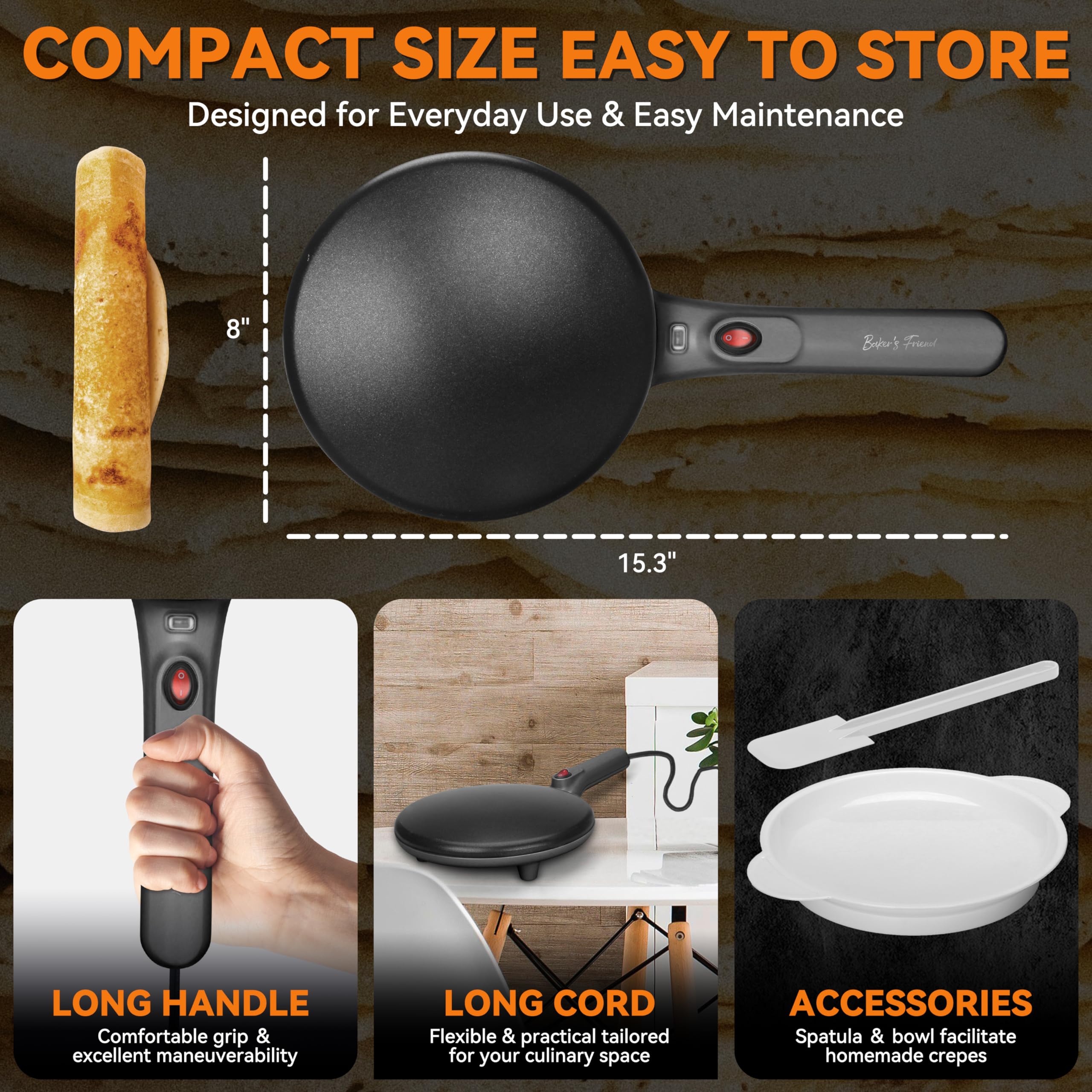 Baker's Friend crepe maker graphite with non-stick dipping plate for easy release.