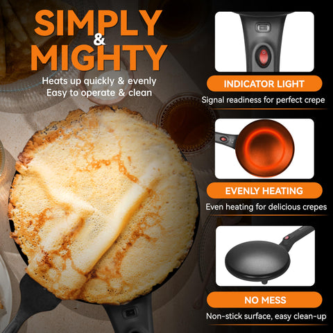 Baker's Friend crepe maker graphite long handle for easy maneuvering.