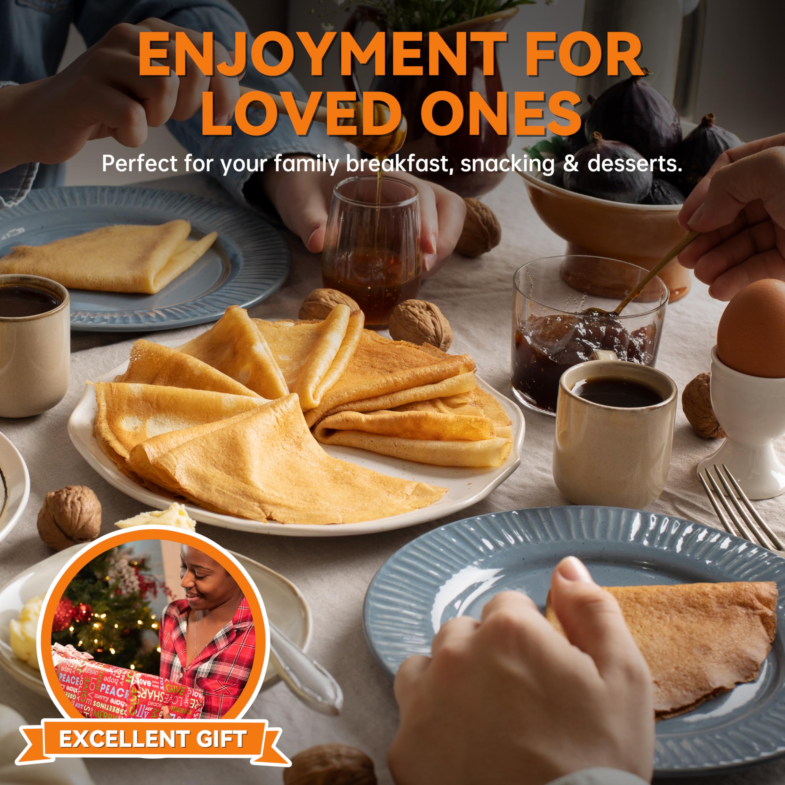 Baker's Friend crepe maker on countertop ready for breakfast or dessert gatherings.