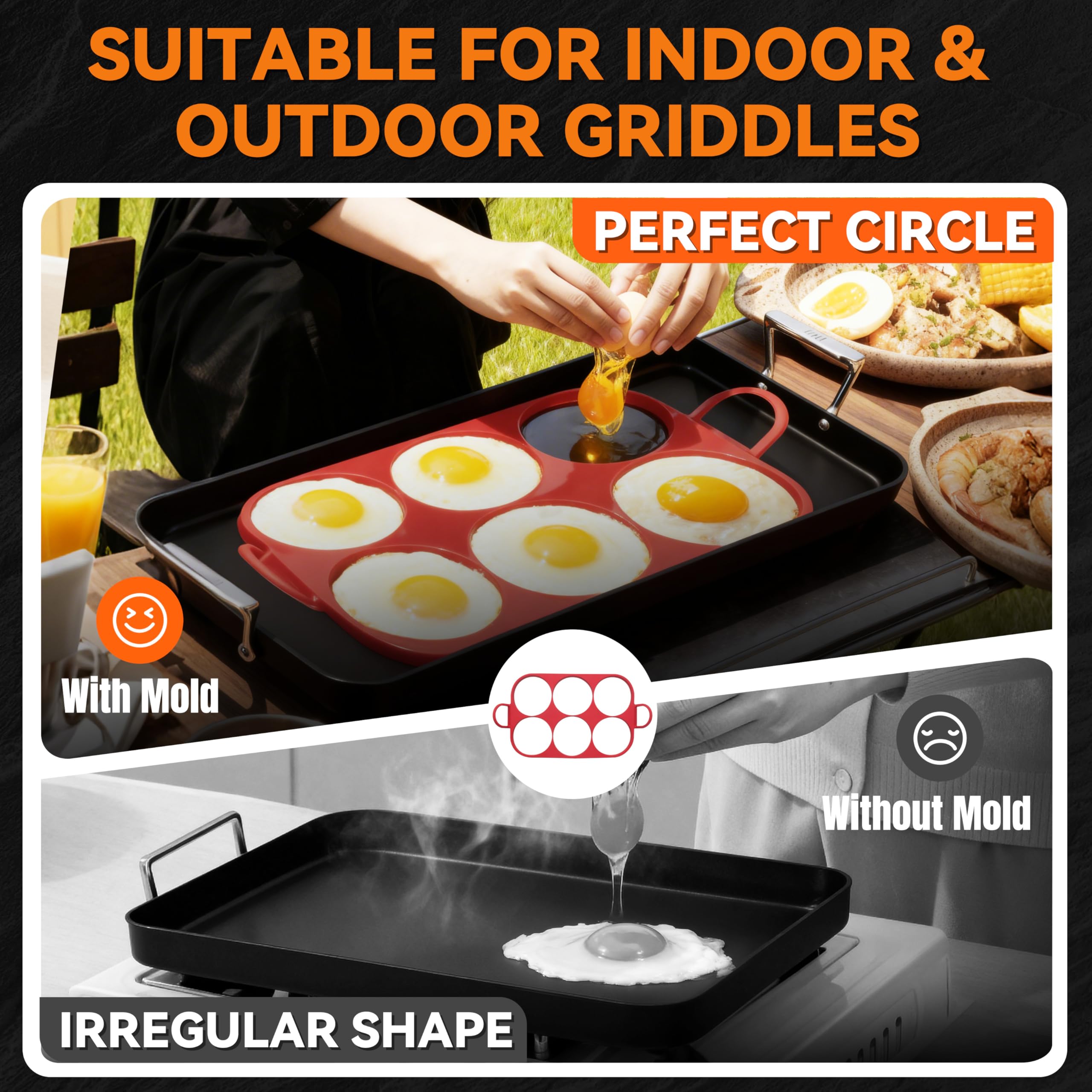 Baker's Friend sunny-side-up eggs neatly shaped with egg rings.