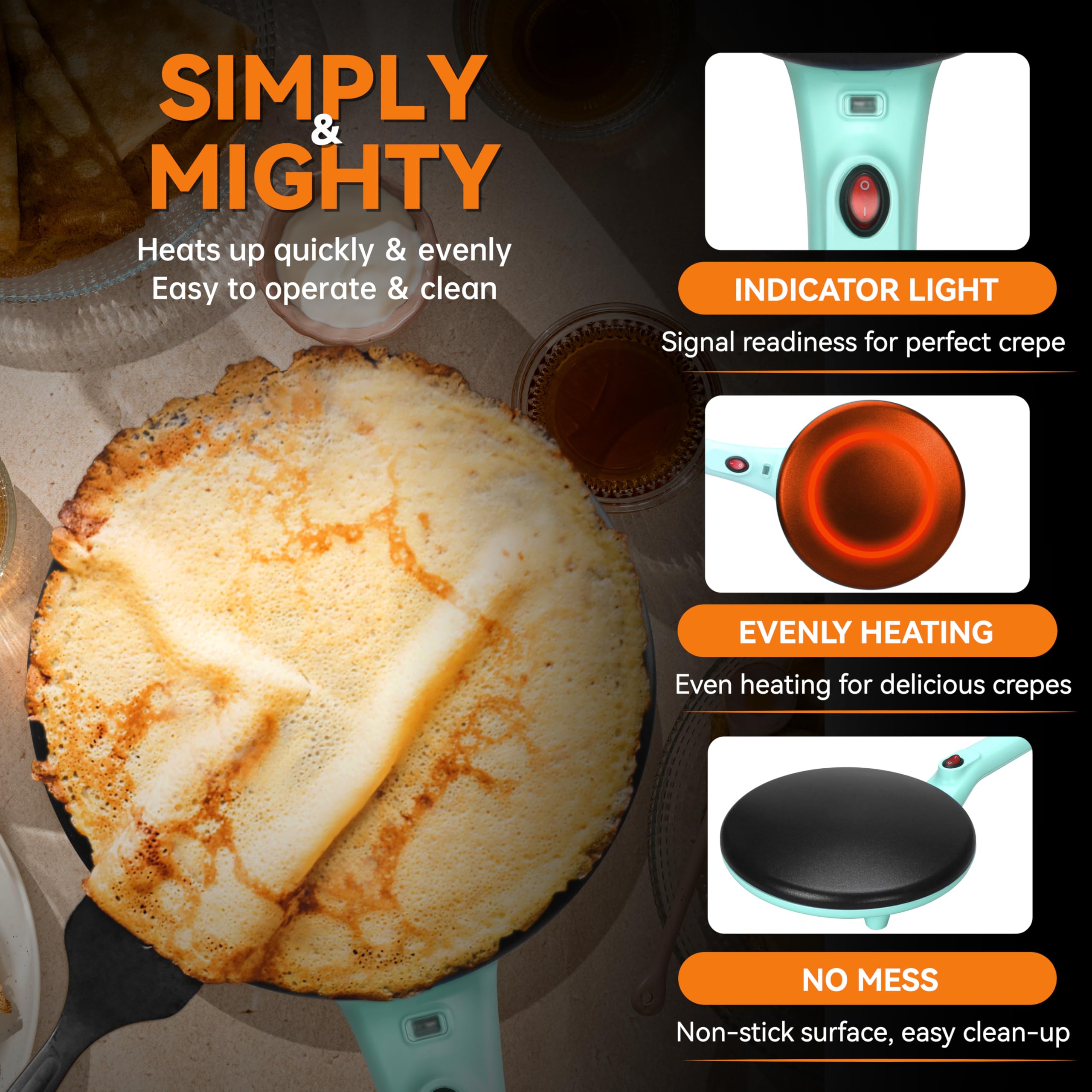 Baker's Friend electric crepe maker with long handle for comfortable control during cooking.
