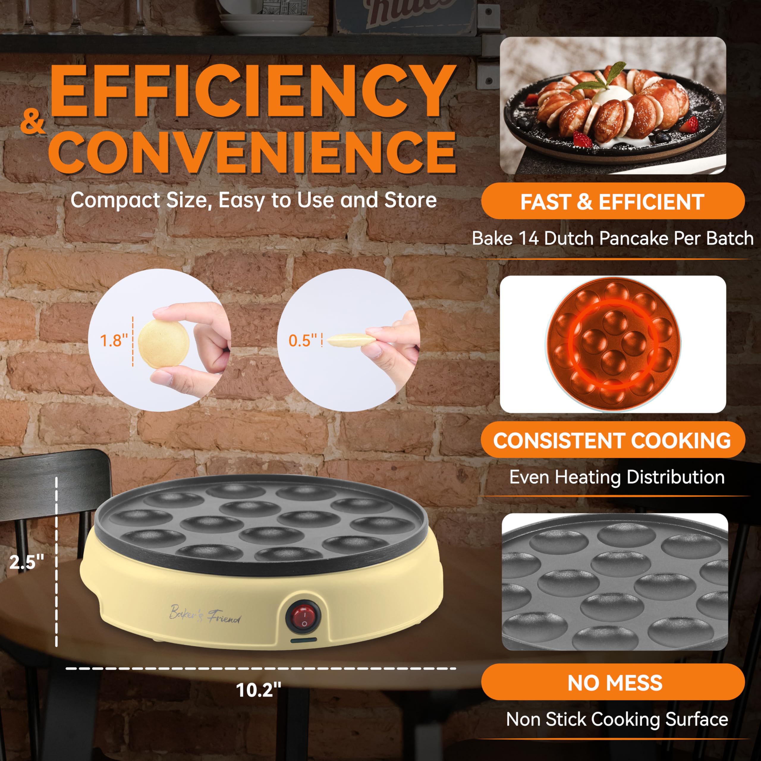 Baker's Friend electric mini pancake maker with nonstick surface for easy release