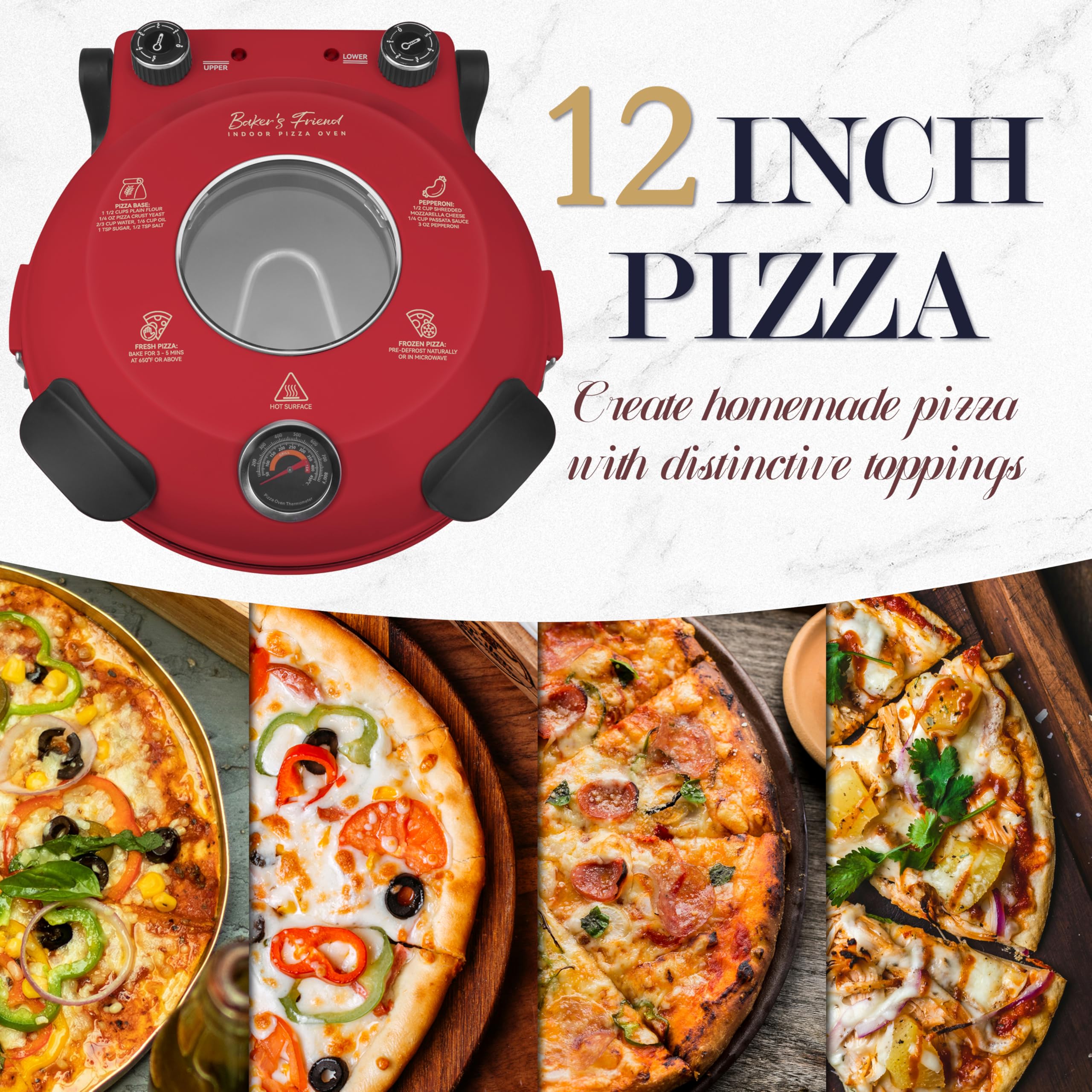 Baker's Friend electric pizza oven chili red finish adds vibrant kitchen focal point