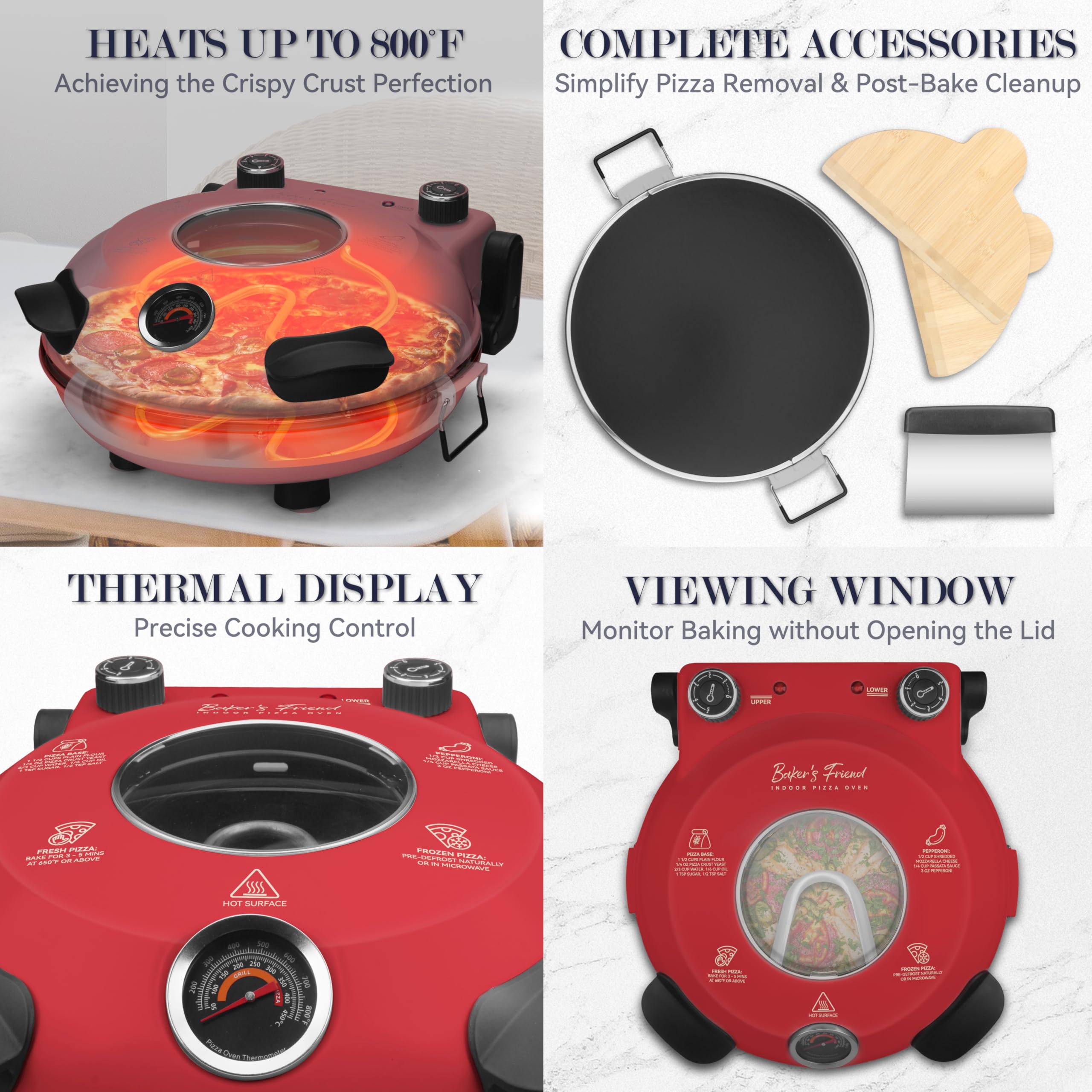 Baker's Friend electric pizza oven control knobs show precise heat adjustments