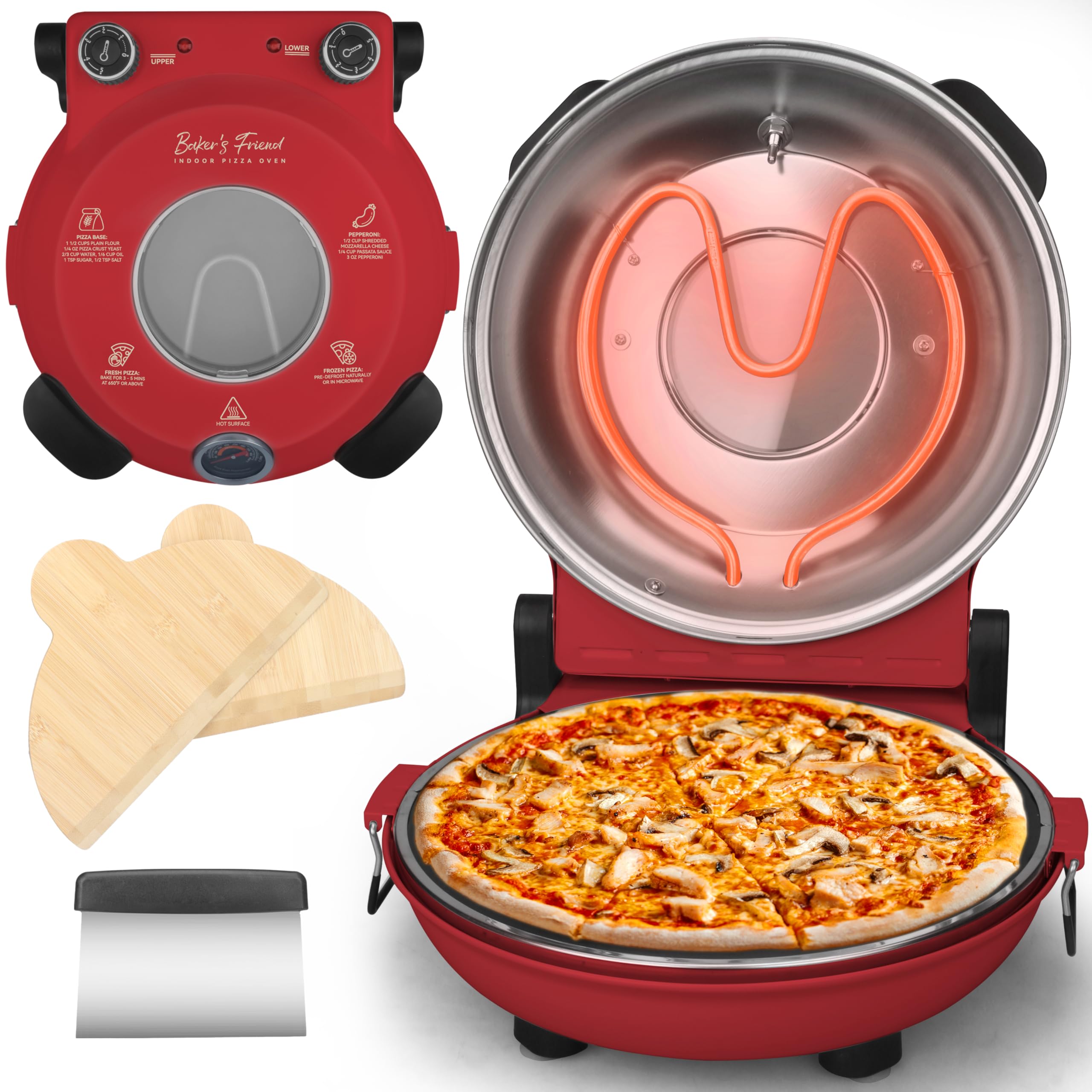 Baker's Friend electric pizza oven front-angle view showing compact design for small kitchens